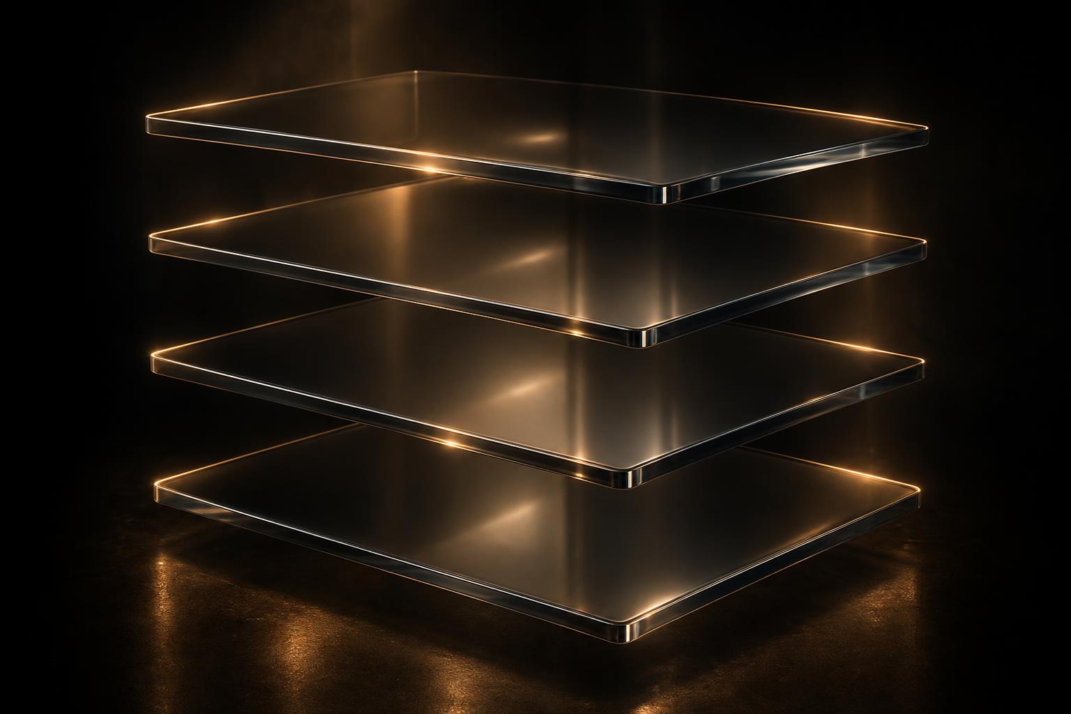 Stacked panes of glass catching cool platinum light in a dark studio