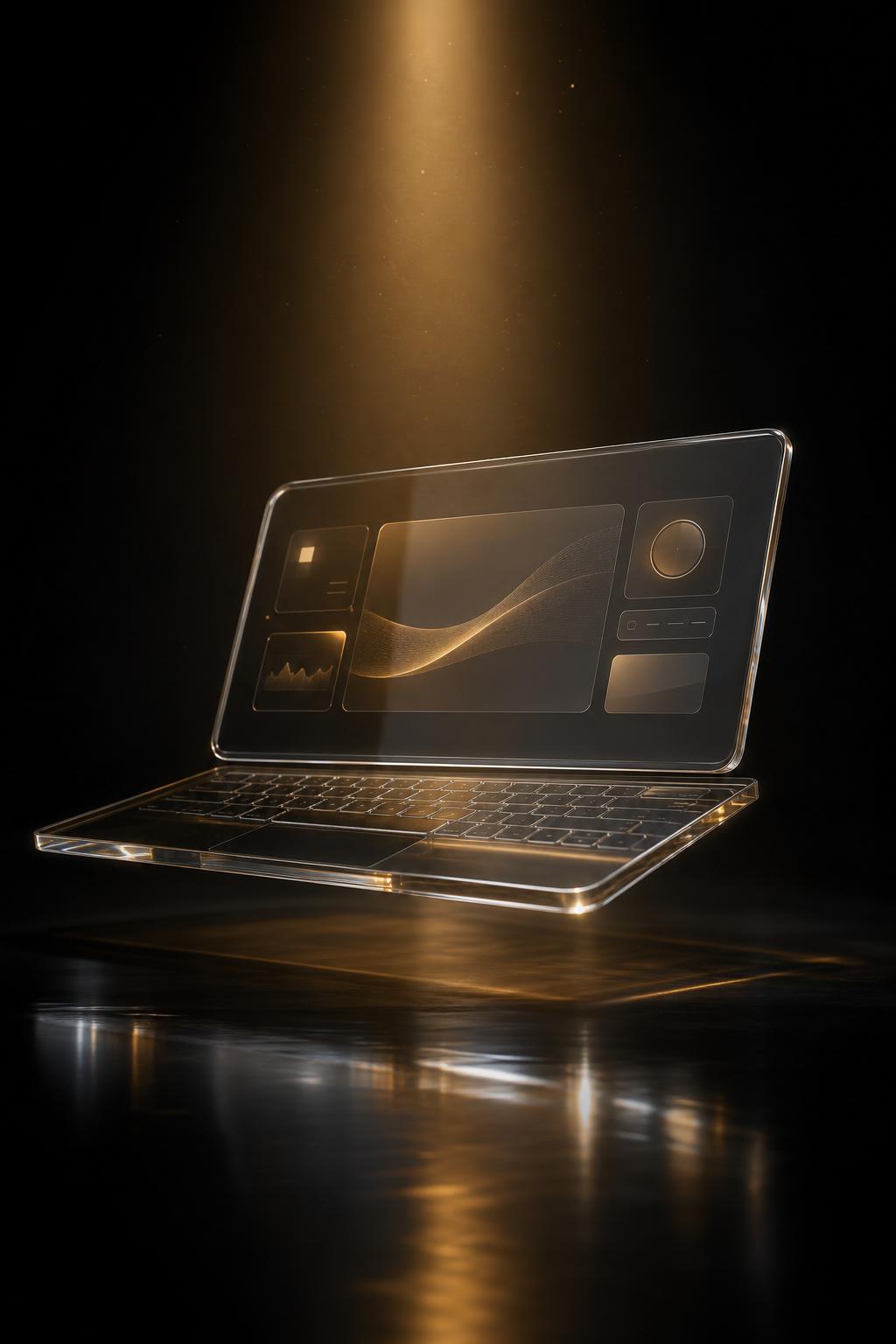 Floating glass laptop glowing under a soft spotlight on a deep-black studio backdrop