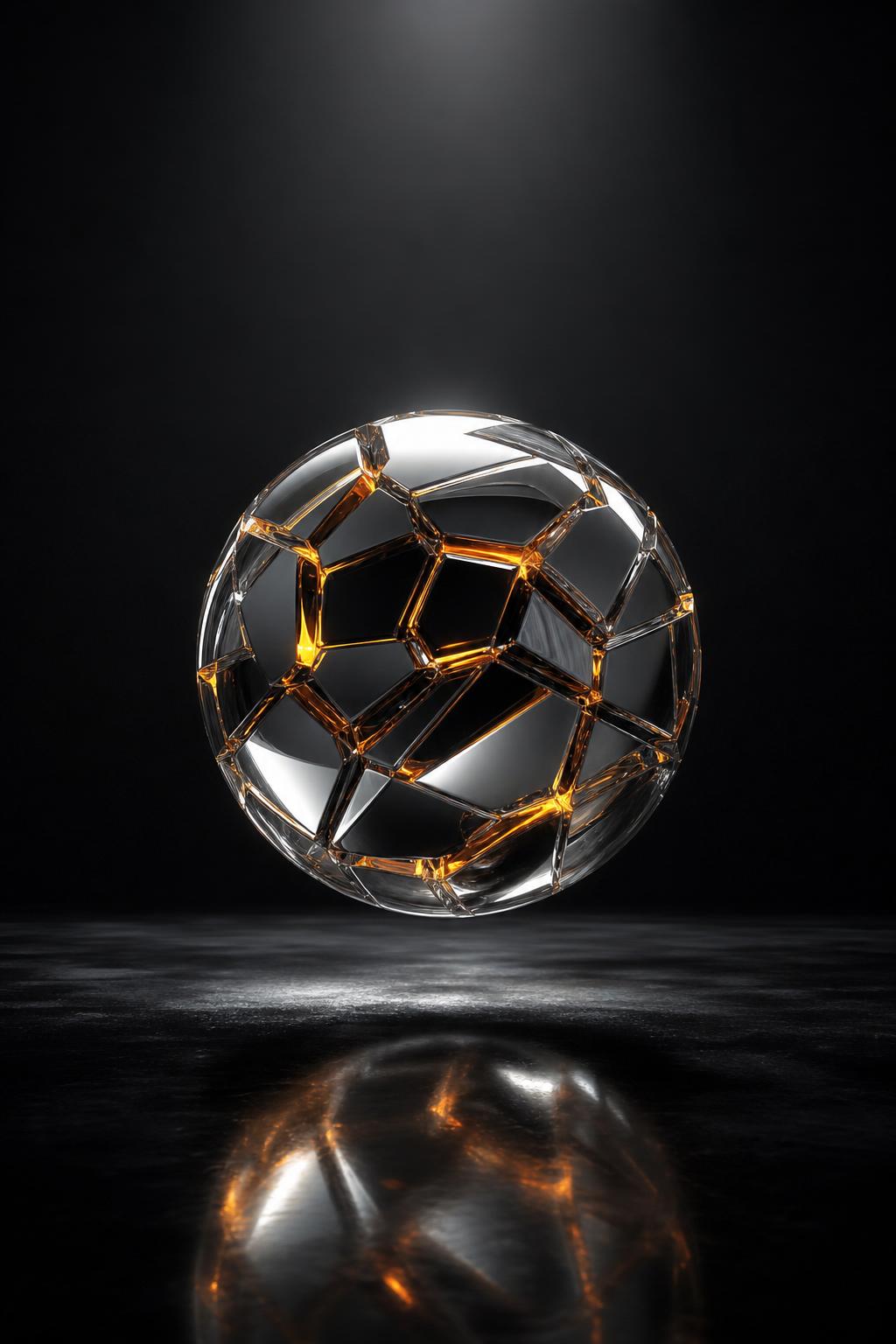 Fractured chrome sphere drifting against a near-black void