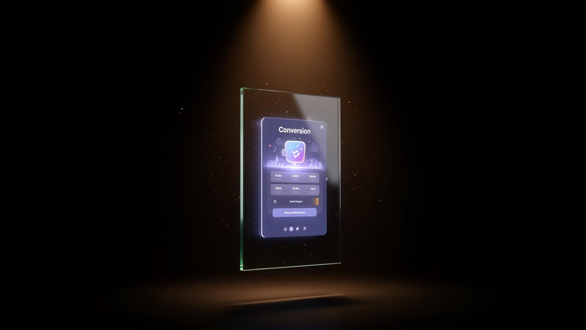 Vertical glass slab displaying a conversion-focused interface