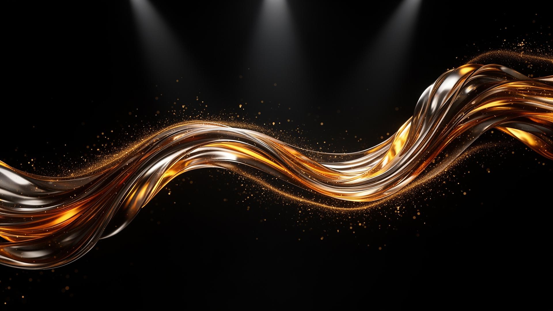 Ribbons of liquid chrome and amber light flowing through dark space