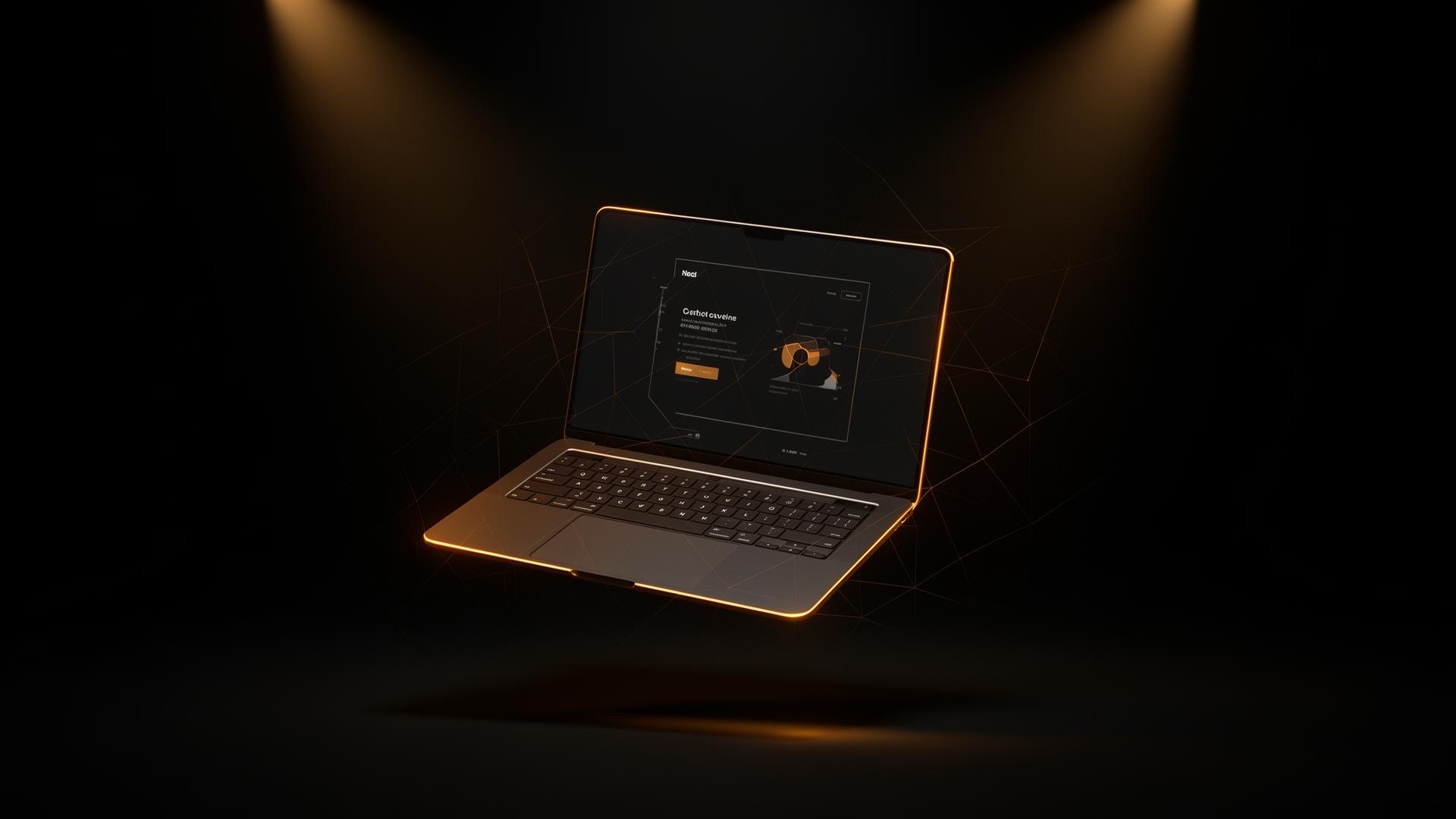 Floating glass laptop with a glowing UI on a dark studio backdrop